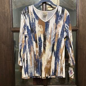 Artistic Brushstroke Long Sleeve Top in Blue, Brown, and Cream